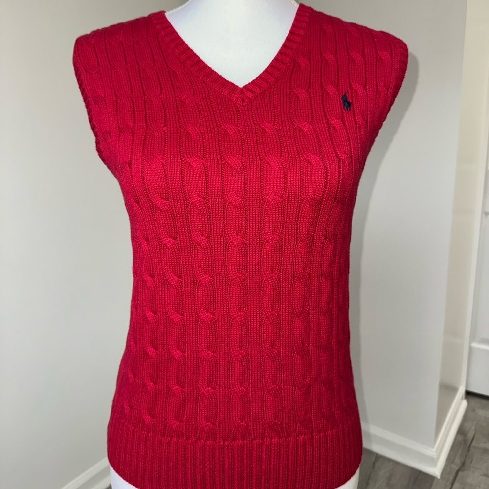 Polo Ralph Lauren Boys Red‎ Cable Knit Sweater Vest V-Neck Size M 10–12